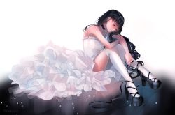 Rule 34 | 1girl, artist name, black footwear, black hair, black nails, blush, breasts, choker, commission, dress, expressionless, frilled dress, frills, half-closed eyes, high heels, highres, lips, long hair, looking down, marmaladica, nail polish, original, panties, petals, pumps, shoes, sitting, solo, strapless, strapless dress, thighhighs, thighs, tile floor, tiles, underwear, very long hair, watermark, white dress, white thighhighs