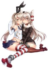 Rule 34 | 10s, 2girls, amatsukaze (kancolle), blonde hair, boots, brown eyes, dress, elbow gloves, gloves, hairband, high heel boots, high heels, kantai collection, keita (tundereyuina), long hair, multiple girls, open mouth, sailor dress, shimakaze (kancolle), silver hair, skirt, striped clothes, striped legwear, striped thighhighs, thighhighs