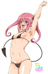 Rule 34 | 10s, 1girl, 2013, arm up, armpits, bad anatomy, bad id, bad pixiv id, bikini, blush, cameltoe, chinese zodiac, demon tail, fang, female focus, flat chest, groin, happy, hip focus, long hair, looking at viewer, nana asta deviluke, navel, new year, open mouth, pink hair, purple eyes, shiny skin, simple background, snake, snake (chinese zodiac), solo, standing, stretching, swimsuit, tail, to love-ru, to love-ru darkness, twintails, white background, yamakeitokokoro