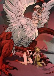 Rule 34 | 2girls, absurdres, blonde hair, body fur, breasts, centauroid, chimera, claws, completely nude, dragon tail, dungeon meshi, elf, falin touden, falin touden (chimera), feathered wings, feathers, futa with female, futanari, highres, huge penis, large breasts, large insertion, marcille donato, medium breasts, monster girl, multiple girls, nude, penis, pointy ears, red scales, sex, short hair, spoilers, syiren, tail, talons, taur, white feathers, wings