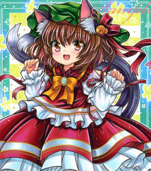 Rule 34 | 1girl, :d, abstract background, adapted costume, animal ear fluff, animal ears, bell, blush, brooch, brown eyes, brown hair, cat ears, chen, claw pose, dress, fang, hands up, hat, jewelry, jingle bell, looking at viewer, marker (medium), medium hair, mob cap, multiple tails, nekomata, open mouth, red dress, rui (sugar3), sample watermark, skin fang, smile, solo, tail, touhou, traditional media, two tails, watermark