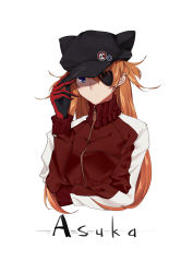 Rule 34 | 1girl, absurdres, adjusting clothes, adjusting headwear, arm up, blue eyes, brown hair, character name, closed mouth, english text, evangelion: 3.0 you can (not) redo, eyepatch, gloves, hair between eyes, hat, highres, long hair, long sleeves, looking at viewer, neon genesis evangelion, plugsuit, rebuild of evangelion, simple background, solo, souryuu asuka langley, turtleneck, two tone, upper body, wish white, zipper