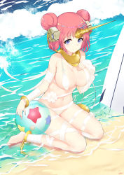 Rule 34 | 1girl, absurdres, ball, bandages, beach, beachball, bikini, blue eyes, blush, breasts, cleavage, closed mouth, day, double bun, dutch angle, fate/grand order, fate (series), frankenstein&#039;s monster (fate), frankenstein&#039;s monster (swimsuit saber) (fate), frankenstein&#039;s monster (swimsuit saber) (third ascension) (fate), hair bun, hand on own chest, highres, horns, large breasts, looking at viewer, navel, outdoors, peng yong, purple hair, short hair, single horn, sitting, smile, solo, surfboard, swimsuit, tareme, thighs, wariza, white bikini