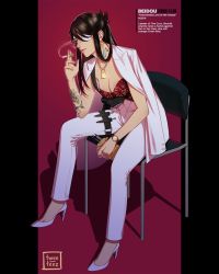 Rule 34 | alternate costume, anchor symbol, arm tattoo, beidou (genshin impact), belt, bent over, black hair, breasts, chain, chair, cigarette, cleavage, coat, coat on shoulders, commentary, contemporary, earrings, english commentary, eyepatch, genshin impact, gun, weapon case, handgun, high heels, highres, holding, holding cigarette, jewelry, kunai, lock, looking away, necklace, pants, red eyes, shadow, sitting, smoke, smoking, solo, strapless, tattoo, thuy t., two-tone background, watch, weapon, white footwear, white pants, wristwatch, yakuza