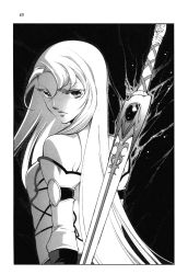Rule 34 | 1girl, closed mouth, densetsu no yuusha no densetsu, detached sleeves, ferris eris, from side, greyscale, hair between eyes, highres, long hair, long sleeves, looking at viewer, monochrome, novel illustration, official art, page number, scan, solo, straight hair, sword, toyota saori, upper body, very long hair, weapon