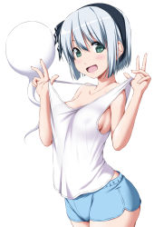 Rule 34 | 1girl, :d, bare arms, bare shoulders, black hairband, black ribbon, blue shorts, blush, breasts, commentary request, cowboy shot, fangs, green eyes, hair between eyes, hair ribbon, hairband, hands up, highres, hitodama, konpaku youmu, konpaku youmu (ghost), looking at viewer, medium breasts, no bra, nori tamago, open mouth, pulling own clothes, ribbon, see-through, see-through silhouette, short hair, short shorts, shorts, sidelocks, silver hair, simple background, smile, solo, standing, strap pull, tank top, touhou, white background, white tank top