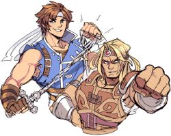 Rule 34 | 2boys, bad id, bad tumblr id, belt, blonde hair, brown hair, castlevania: rondo of blood, castlevania (series), clenched hand, hand on own hip, headband, konami, looking at viewer, male focus, multiple boys, nintendo, richter belmont, short hair, simon belmont, simple background, sleeveless, smile, super smash bros., upper body, whip