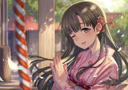 Rule 34 | 1girl, bad id, bad pixiv id, black eyes, black hair, blurry, cherry blossoms, depth of field, flower, hair flower, hair ornament, own hands clasped, idolmaster, idolmaster cinderella girls, kobayakawa sae, kusano shinta, long hair, one eye closed, open mouth, own hands together, praying, smile, solo, temple