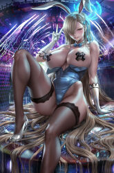 Rule 34 | 1girl, absurdres, animal ears, areola slip, asuna (blue archive), asuna (bunny) (blue archive), blonde hair, blue archive, breasts, covered erect nipples, gloves, hair over one eye, high heels, highres, large breasts, leotard, lexaiduer, long hair, pasties, playboy bunny, sitting, smile, solo, thighhighs, v, very long hair, white gloves