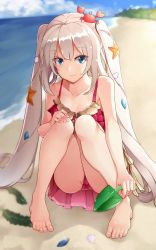 Rule 34 | 1girl, barefoot, batatata77, beach, blue eyes, collarbone, crab, crab on head, drill hair, fate/grand order, fate (series), feet, full body, highres, long hair, marie antoinette (fate), marie antoinette (fate/grand order), marie antoinette (swimsuit caster) (fate), marie antoinette (swimsuit caster) (first ascension) (fate), sand, shovel, silver hair, smile, solo, starfish, swimsuit, toes, twin drills, worktool