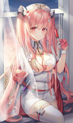 Rule 34 | 1girl, arm under breasts, azur lane, blush, breasts, cleavage, closed eyes, commentary request, cross hair ornament, curtains, gloves, grin, hair ornament, hairclip, half gloves, hand up, hat, heart, heart print, highres, holding, indoors, large breasts, long hair, long sleeves, looking at viewer, nowsicaa, nurse, nurse cap, perseus (azur lane), perseus (unfamiliar duties) (azur lane), pink eyes, pink gloves, pink hair, sitting, skindentation, smile, solo, stethoscope, syringe, teeth, thighhighs, twintails, very long hair, white hat, white thighhighs, window, wrist cuffs, zettai ryouiki