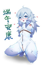Rule 34 | 1girl, :d, absurdres, ahoge, animal ears, blue fur, blush, body fur, breasts, completely nude, furry, furry female, goat ears, green eyes, grey hair, heart, highres, kindred (league of legends), lalamedli, lamb (league of legends), league of legends, long hair, looking at viewer, medium breasts, nipples, nude, open mouth, pussy juice, rope, shibari, smile, solo, translation request, white fur, white hair