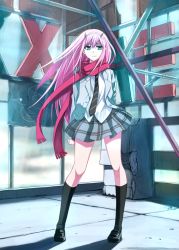 Rule 34 | 10s, 1girl, aqua eyes, arms behind back, bad id, bad pixiv id, black socks, breasts, commentary request, darling in the franxx, hair between eyes, hairband, horns, jacket, kneehighs, kuro (1968), loafers, long hair, looking at viewer, medium breasts, necktie, open clothes, open jacket, pink hair, pink scarf, plaid, plaid skirt, red horns, scarf, school uniform, shirt, shoes, skirt, socks, solo, standing, white hairband, white shirt, zero two (darling in the franxx)