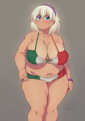 Rule 34 | 1girl, arms at sides, artist name, bikini, blonde hair, blue eyes, blush, breasts, cleavage, cloudxmoe, collarbone, commentary request, contrapposto, dot mouth, english text, feet out of frame, green bikini, hairband, hand on own hip, highres, large breasts, looking at viewer, medium hair, mexican flag bikini, mexican flag print, mole, mole under eye, navel, original, plump, purple hairband, purple wristband, red bikini, simple background, solo, spanish commentary, standing, swimsuit, tareme, thick arms, thick thighs, thighs, white bikini, wide hips