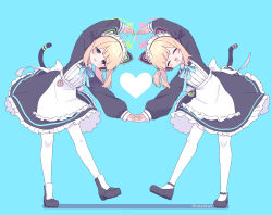 Rule 34 | 2girls, animal ear headphones, animal ears, apron, black dress, black footwear, blonde hair, blue archive, blue background, cat tail, closed eyes, dress, fake animal ears, frilled apron, frills, green eyes, green halo, halo, headphones, heart, highres, long sleeves, maid, maid apron, maid headdress, midori (blue archive), midori (maid) (blue archive), momoi (blue archive), momoi (maid) (blue archive), multiple girls, official alternate costume, open mouth, pantyhose, pink halo, ruten (onakasukusuku), shoes, short hair, siblings, simple background, sisters, smile, tail, twins, twitter username, white apron, white pantyhose