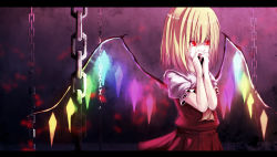 Rule 34 | 1girl, ascot, blonde hair, canae0, chain, crying, crying with eyes open, female focus, flandre scarlet, hands on own face, highres, letterboxed, red eyes, ribbon, short hair, skirt, solo, tears, embodiment of scarlet devil, touhou, wings