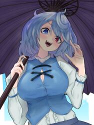 Rule 34 | 1girl, blue eyes, blue hair, breasts, button gap, cross-laced clothes, heterochromia, highres, holding, holding umbrella, large breasts, open mouth, red eyes, shizen11037, short hair, solo, tatara kogasa, teeth, tongue, tongue out, touhou, umbrella, upper body