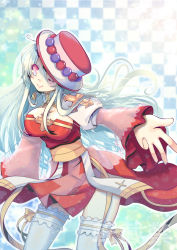Rule 34 | 1girl, arch bishop (ragnarok online), blue background, breasts, checkered background, cleavage, cleavage cutout, closed mouth, clothing cutout, commentary request, contrapposto, cowboy shot, cross, dress, frilled thighhighs, frills, hat, highres, juliet sleeves, long hair, long sleeves, looking at viewer, medium breasts, one eye closed, outstretched arm, pink eyes, puffy sleeves, ragnarok online, red hat, sash, smile, solo, tanono, thighhighs, two-tone dress, white dress, white hair, white thighhighs, yellow sash