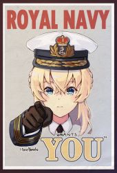 Rule 34 | 1girl, alternate costume, blonde hair, blue eyes, braid, french braid, hat, highres, himeyamato, kantai collection, long hair, looking at viewer, peaked cap, pointing, pointing at viewer, poster (object), solo, warspite (kancolle)