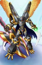 Rule 34 | 1boy, absurdres, alphamon, alphamon ouryuken, armor, artist request, axe, cape, digimon, energy ball, full armor, highres, holding, holding sword, holding weapon, looking at viewer, no humans, red eyes, royal knights, simple background, sword, weapon, wings
