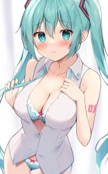 Rule 34 | 1girl, bare shoulders, blue bra, blue eyes, blue hair, blue nails, blue necktie, blue panties, blush, bra, breasts, cleavage, collared shirt, embarrassed, hair between eyes, hair ornament, hand on own chest, hands up, hannari369, hatsune miku, highres, holding necktie, long hair, looking at viewer, medium breasts, midriff, midriff peek, nail polish, necktie, no pants, number tattoo, panties, partially unbuttoned, shirt, shoulder tattoo, sleeveless, sleeveless shirt, solo, tattoo, twintails, underwear, undressing, very long hair, vocaloid, wavy mouth, white shirt
