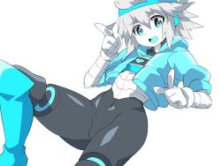 Rule 34 | 1boy, :d, android, backwards hat, baseball cap, blue eyes, bomber jacket, boots, gloves, grey hair, hat, jacket, knee boots, looking at viewer, magatatara, male focus, napstablook, open mouth, personification, smile, solo, undertale, white gloves