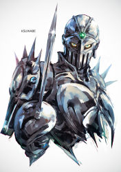 Rule 34 | armor, artist name, blue eyes, full armor, helmet, holding, jewelry, jojo no kimyou na bouken, k-suwabe, knight, looking at viewer, no humans, rapier, silver chariot, solo, stand (jojo), sword, upper body, weapon, white background