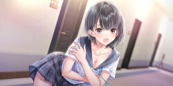 Rule 34 | 1girl, black eyes, black hair, blue reflection (series), blue reflection maboroshi ni mau shoujo no ken, breasts, cleavage, frown, jpeg artifacts, looking at viewer, medium breasts, non-web source, open mouth, shirai hinako, solo, straight hair, striped, striped background, sweat, third-party edit