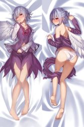 Rule 34 | 1girl, ass, bare legs, barefoot, bed sheet, blush, breasts, brooch, butt crack, cleavage, collarbone, covering own mouth, dakimakura (medium), feathered wings, feet, from above, from behind, full body, half updo, highres, ibuki notsu, jacket, jewelry, kishin sagume, kneepits, long sleeves, looking at viewer, looking back, lying, medium breasts, miniskirt, multiple views, navel, nose blush, off shoulder, on back, on stomach, open clothes, open jacket, panties, purple shirt, purple skirt, red eyes, shirt, silver hair, single wing, skirt, soles, thighs, toes, touhou, underwear, undressing, white panties, wings