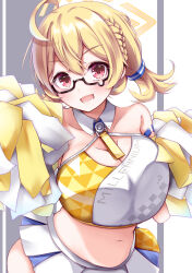 Rule 34 | 1girl, ahoge, black-framed eyewear, blonde hair, blue archive, breasts, cleavage, collar, detached collar, glasses, halo, highres, holding, holding pom poms, kotori (blue archive), kotori (cheer squad) (blue archive), kyouno komatsu, large breasts, looking at viewer, medium hair, millennium cheerleader outfit (blue archive), official alternate costume, open mouth, pom pom (cheerleading), pom poms, red eyes, short twintails, skirt, solo, twintails, white collar, white skirt, yellow halo