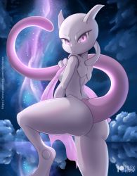 Rule 34 | 1girl, artist name, ass, breasts, closed mouth, commentary, creatures (company), english commentary, game freak, gen 1 pokemon, holding cloth, leg up, legendary pokemon, looking back, mewtwo, night, nintendo, outdoors, patreon logo, pink eyes, pokemon, pokemon (creature), rilex lenov, shiny skin, sideboob, solo, tail, watermark, web address