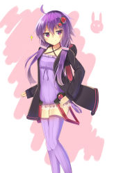 Rule 34 | 1girl, absurdres, ahoge, blush, dress, frilled dress, frilled skirt, frills, hair ornament, highres, hood, hood down, hooded jacket, jacket, looking at viewer, low twintails, purple dress, purple eyes, purple hair, purple thighhighs, ribbed dress, ribbed legwear, ryu narb, skirt, smile, solo, sparkle, thighhighs, twintails, vocaloid, voiceroid, yuzuki yukari