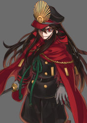 Rule 34 | 1girl, belt, black hair, black hat, buttons, cape, double-breasted, family crest, fate/grand order, fate (series), gloves, grey background, hand on sheath, hat, holding, holding sword, holding weapon, katana, long hair, looking at viewer, military, military hat, military uniform, oda nobunaga (fate), oda nobunaga (koha-ace), oda uri, pants, peaked cap, purutoppu (toranohige), red cape, red eyes, simple background, smile, solo, sword, uniform, weapon