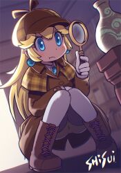 Rule 34 | 1girl, artist name, bike shorts, blonde hair, blue eyes, boots, brooch, brown coat, brown footwear, brown hat, coat, deerstalker, detective peach, earrings, gloves, hat, holding, holding magnifying glass, indoors, jewelry, long hair, magnifying glass, mario (series), nintendo, official alternate costume, princess peach, princess peach: showtime!, shisui, solo, sphere earrings, squatting, thighhighs, vase, watermark, white gloves