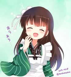 Rule 34 | 1girl, ^ ^, ama usa an uniform, apron, blunt bangs, blush, brown hair, closed eyes, commentary request, dated, facing viewer, flat chest, flower, gochuumon wa usagi desu ka?, gradient background, green kimono, hair flower, hair ornament, hand on own cheek, hand on own face, japanese clothes, kimono, long hair, long sleeves, maid apron, massala, one-hour drawing challenge, open mouth, polka dot trim, ribbon, smile, solo, striped clothes, striped kimono, twitter username, two-tone background, ujimatsu chiya, upper body, vertical-striped clothes, vertical-striped kimono, white apron, white flower, white ribbon, wide sleeves
