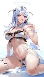 Rule 34 | 1girl, angel wings, bikini, black bow, blue hair, bow, breasts, candy, cleavage, clothing cutout, eyebrows hidden by hair, feet out of frame, food, frilled bikini, frills, hair bow, halo, highres, holding, holding candy, holding food, holding lollipop, ichibi, lollipop, nail polish, navel, original, partially submerged, red eyes, see-through, sitting, skindentation, solo, swimsuit, thigh strap, thighs, tongue, tongue out, two-tone bikini, two side up, water, wet, white background, wings, wrist cuffs