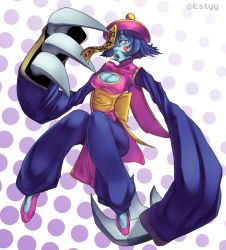 Rule 34 | 1girl, blue skin, breasts, capcom, cleavage, cleavage cutout, clothing cutout, colored skin, estyy, hat, jiangshi, lei lei, purple hair, short hair, solo, vampire (game), zombie