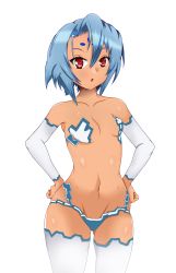 Rule 34 | 1girl, absurdres, alter (kkrp2278), bare shoulders, blue hair, breasts, hair between eyes, highres, open mouth, rance (series), rance 10, red eyes, short hair, silky littleraisin, small breasts, solo, white background, white legwear