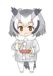 Rule 34 | 10s, 1girl, bird tail, blush, bowl, chibi, coat, eating, food, food on face, full body, fur collar, gradient hair, head wings, kemono friends, long sleeves, moru (monaka), multicolored hair, northern white-faced owl (kemono friends), pantyhose, short hair, simple background, solo, spoon, standing, tail, white background, white hair, white pantyhose, wings, yellow eyes
