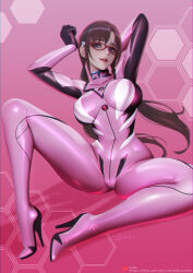 Rule 34 | 1girl, arms up, blue eyes, bodysuit, breasts, brown hair, glasses, gluteal fold, high heels, highres, impossible bodysuit, impossible clothes, interface headset, large breasts, latex, latex bodysuit, long hair, looking at viewer, low twintails, makinami mari illustrious, neon genesis evangelion, parted lips, pilot suit, pink background, pink bodysuit, plugsuit, rebuild of evangelion, sade abyss, shiny clothes, signature, sitting, skin tight, solo, stiletto heels, twintails