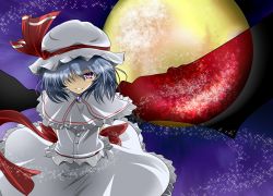 Rule 34 | 1girl, amanekukagenoyuragi, arms behind back, bad id, bad pixiv id, blue hair, brooch, capelet, full moon, grin, hair over one eye, hat, hat ribbon, highres, jewelry, light particles, looking at viewer, mob cap, moon, night, red eyes, red moon, remilia scarlet, ribbon, short hair, skirt, skirt set, smile, solo, touhou, wind, yellow moon