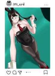 Rule 34 | 1girl, absurdres, animal ears, black hair, black leotard, black pantyhose, blue eyes, breasts, closed mouth, collarbone, detached collar, fake animal ears, glasses, highres, kantai collection, leotard, long hair, looking at viewer, necktie, ojipon, ooyodo (kancolle), pantyhose, playboy bunny, rabbit ears, red necktie, selfie, small breasts, smile, solo, strap, wrist cuffs