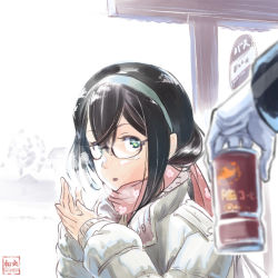 Rule 34 | 10s, 1girl, black hair, can, canned coffee, drink can, glasses, green eyes, hairband, kantai collection, long hair, nogiguchi kohiro, ooyodo (kancolle), scarf, steam, twitter username, winter, winter clothes