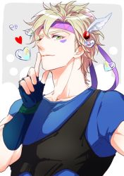 Rule 34 | 1boy, bad id, bad pixiv id, blonde hair, bubble, caesar anthonio zeppeli, facial mark, feather hair ornament, feathers, finger to mouth, fingerless gloves, gloves, hair ornament, headband, jojo no kimyou na bouken, koeri, male focus, solo