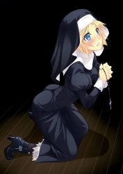 Rule 34 | 1girl, ass, blonde hair, blue eyes, blush, colored eyelashes, cross, f-ism, high heels, highres, holding, impossible clothes, kneeling, leaning forward, murakami suigun, nun, parted lips, praying, rosary, shadow, shoes, solo, tears