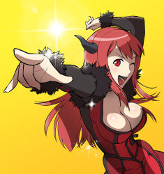 Rule 34 | 10s, 1girl, breasts, cleavage, demon girl, foreshortening, horns, large breasts, long hair, maou (maoyuu), maoyuu maou yuusha, one eye closed, open mouth, pointing, red eyes, red hair, solo, sparkle, ueyama michirou, wink, yellow background