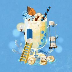 Rule 34 | . ., almond, artist name, banana, banana slice, blue background, blue flower, bug, butterfly, commentary request, cup, drink, drinking glass, drinking straw, flower, food, food focus, forget-me-not (flower), fruit, garnish, insect, issiki toaki, ladder, no humans, original, string, sugar cube, swing, twitter username