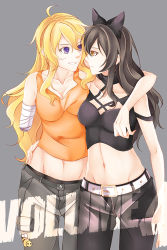 Rule 34 | 2girls, ahoge, amputee, arm around shoulder, arm around waist, bandages, black bow, black hair, blake belladonna, blonde hair, bow, breasts, cleavage, english text, eye contact, grey background, groin, hair bow, hand on another&#039;s hip, inu0831, large breasts, long hair, looking at another, medium breasts, midriff, multiple girls, navel, off shoulder, pants, purple eyes, rwby, smile, strap slip, tank top, yang xiao long