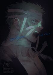 1boy bandages black_background commentary_request dark fangs ghost green_hair happy_halloween highres male_focus one_piece open_mouth plytometo roronoa_zoro short_hair sideburns simple_background solo stitched_torso stitches upper_body