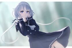 Rule 34 | 1girl, black sailor collar, black skirt, blue eyes, grey hair, hands up, haonfest, konno junko, looking at viewer, low twintails, neckerchief, parted lips, sailor collar, skirt, solo, twintails, white neckerchief, zombie land saga